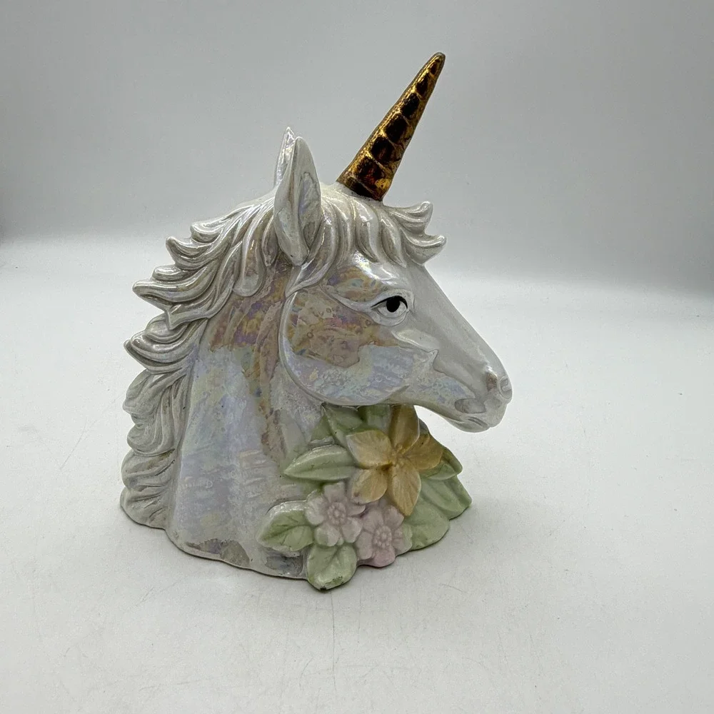 VTG Iridescent Ceramic Unicorn‎ Head Bust Gold Horn Pastel Floral Figurine